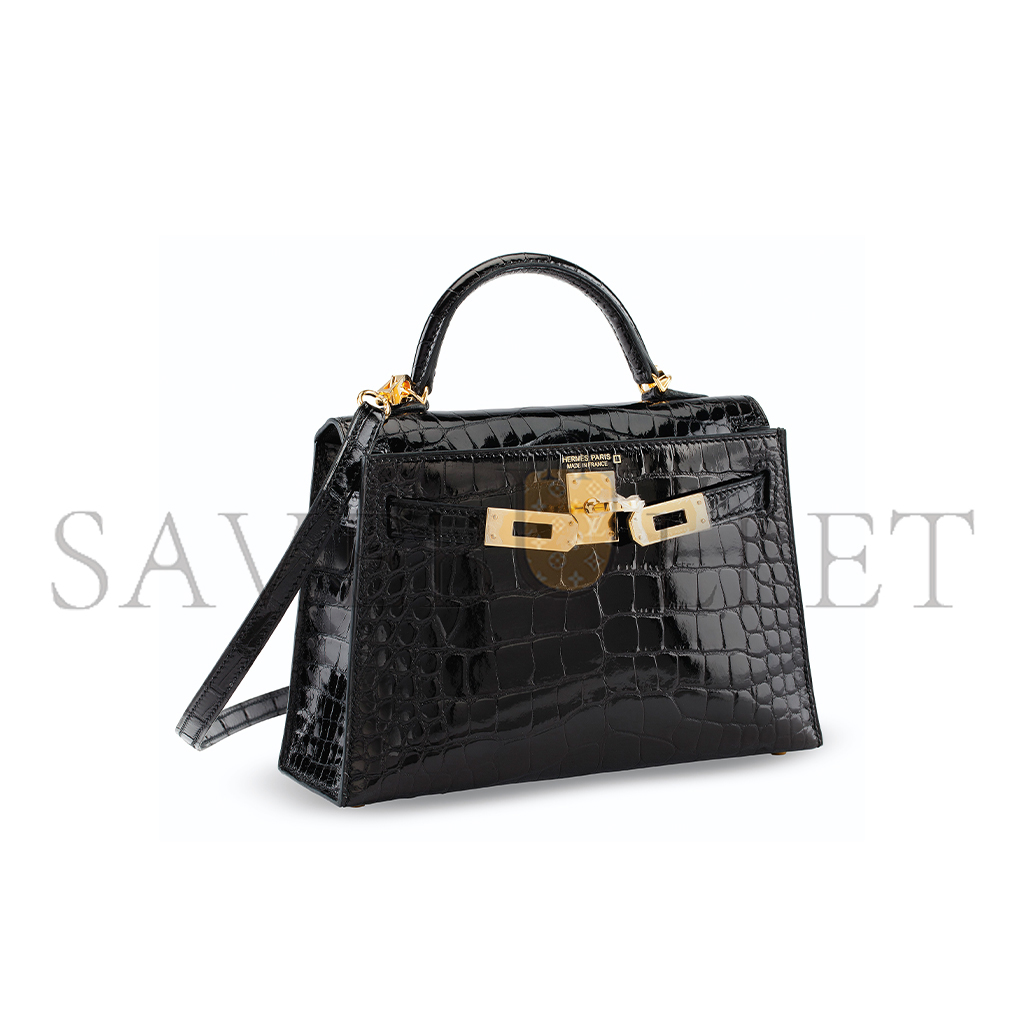 H**mes master a shiny black alligator sellier mini kelly 20 ii with gold hardware (19*12*5.5cm)